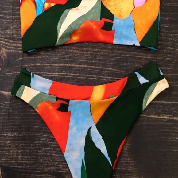 Floral  high waisted  tie front color block bikini - Picture 3 of 4